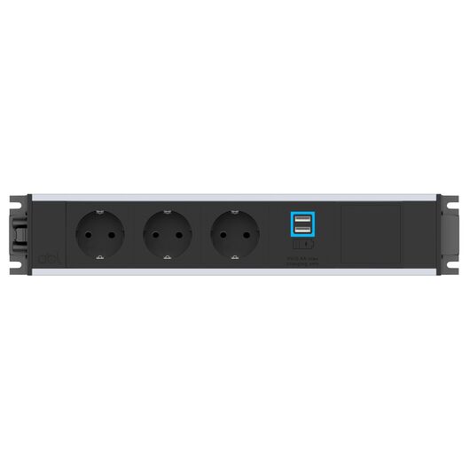 2M20F3F4 Link Series Power Module with 3xSchuko Socket/1xSC (A+A)/1xTunnel, Black Fascia and Silver Body, Colour: Black (Fascia/End Cap), Silver (Body)